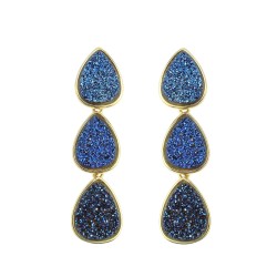 Brinco Fane's Pedra Drusa Azul Royal Metal Dourado