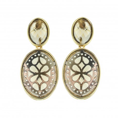Brinco Fane's Pedra Natural Quartzo Fumê Dourado 