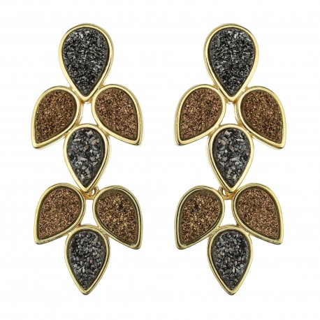 Brinco Fane's Pedra Drusa Negra Bronze Metal Dourado