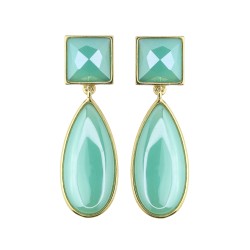Brinco Fane's Pedra Natural Ágata Azul Céu Perolizada Dourado 
