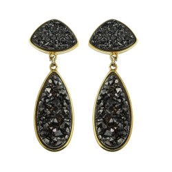 Brinco Fane's Pedra Drusa Negra Metal Dourado