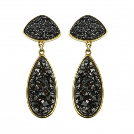 Brinco Fane's Pedra Drusa Negra Metal Dourado