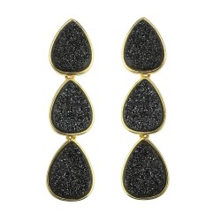 Brinco Fane's Pedra Drusa Negra Metal Dourado
