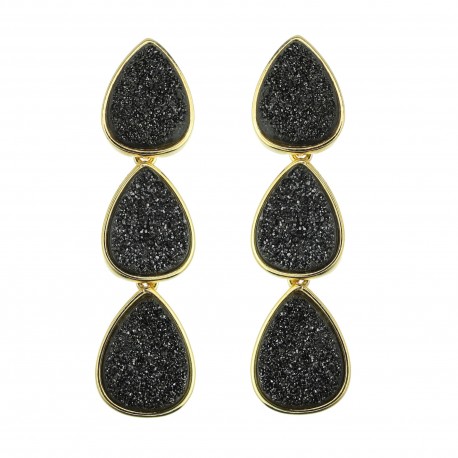Brinco Fane's Pedra Drusa Negra Metal Dourado