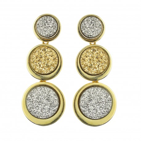 Brinco Fane's Pedra Drusa Ouro Platina Metal Dourado