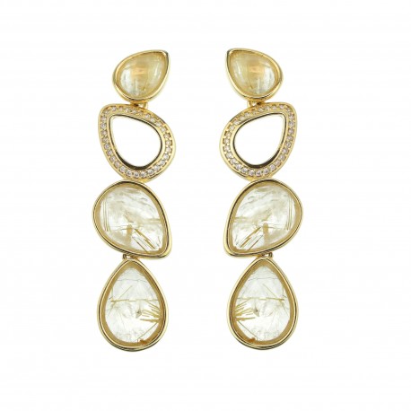 Brinco Fane's Pedra Natural Quartzo Rutilado Dourado