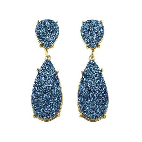Brinco Fane's Pedra Drusa Azul Royal Metal Dourado