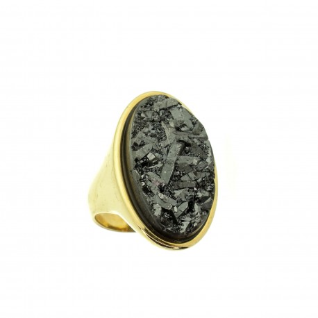 Anel Fane's Pedra Drusa Negra Metal Dourado