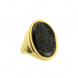 Anel Fane's Pedra Drusa Negra Metal Dourado