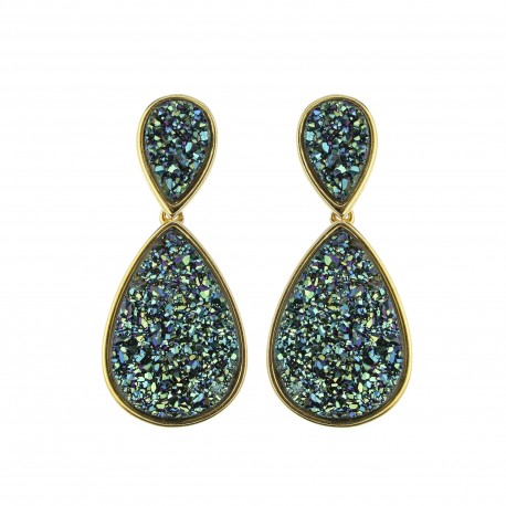 Brinco Fane's Pedra Drusa Verde Metal Dourado 