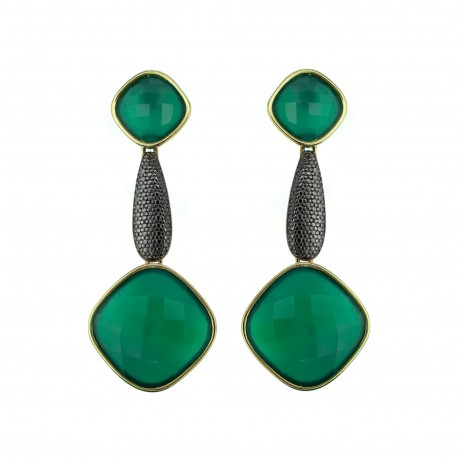 Brinco Fane's Pedra Natural Ágata Verde Dourado Grafite