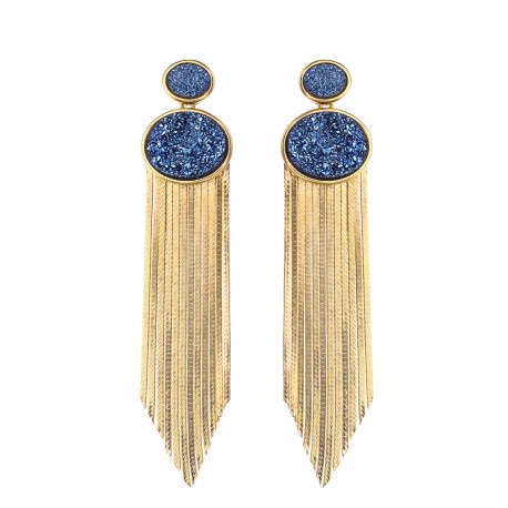 Brinco Fane's Pedra Drusa Azul Metal Dourado 