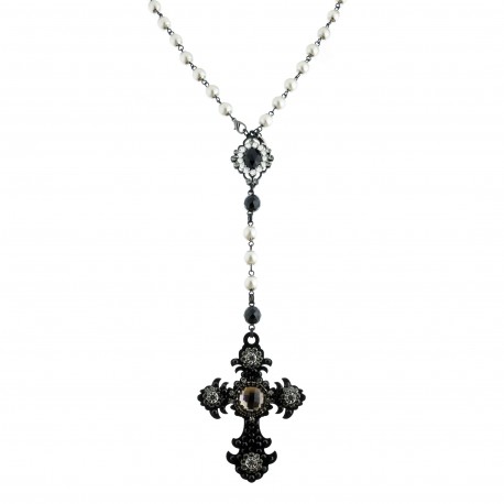 Colar Raquel Pires Fé Maxi Terço Pérola Cristal Metal Negro