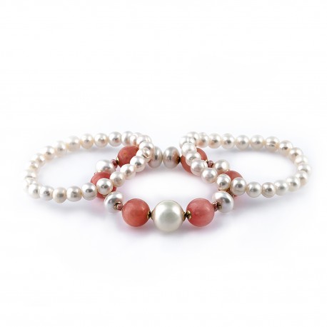 Pulseira Nino Bran Cora Kit Pedras Naturais Pérolas Dourado