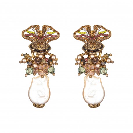Brinco Claudia Arbex Blosson Pérola Cristais Ouro Vintage