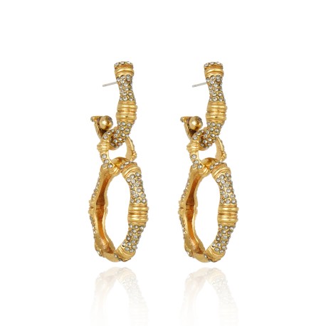 Brinco Claudia Arbex Bambu Argola Cristais Ouro Vintage
