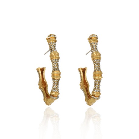 Brinco Claudia Arbex Bambu Argola Cristais Ouro Vintage