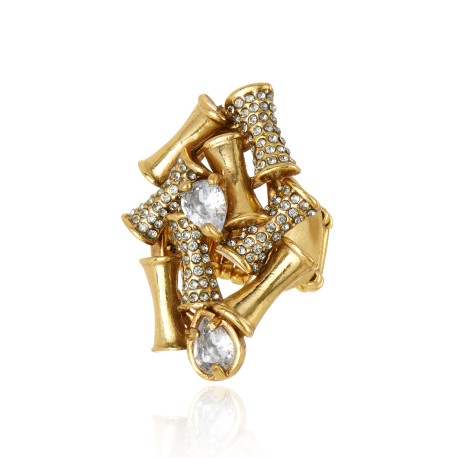 Anel Claudia Arbex Bambu Cristais Ouro Vintage
