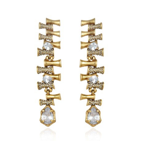 Brinco Claudia Arbex Bambu Longo Cristais Ouro Vintage
