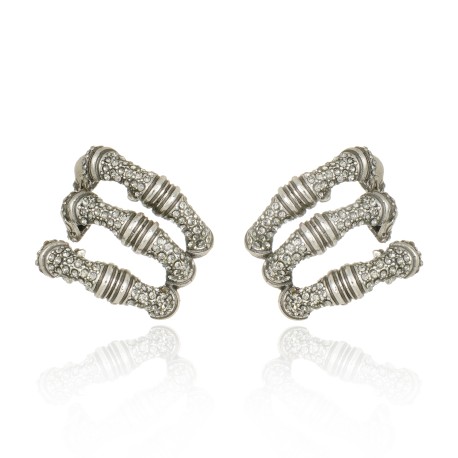 Brinco Claudia Arbex Bambu Ear Hook Cristais Prata Vintage