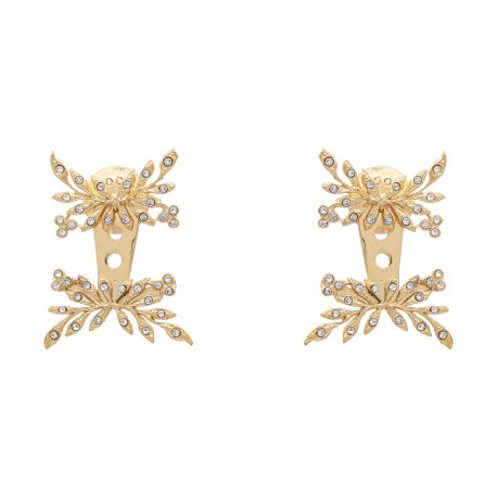 Brinco T.Arrigoni Front Back Mini Folhas Cristais Ouro Vintage