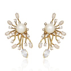 Brinco Claudia Arbex Vitória Pérola Cristais Ouro Vintage