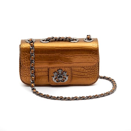Bolsa Isla Anne Mini Baguete Couro Natural Croco Bronze