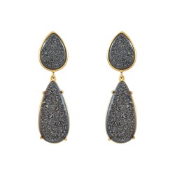 Brinco Fane's Pedra Drusa Negra Metal Dourado