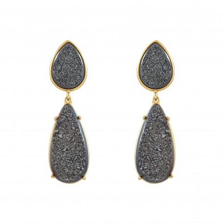 Brinco Fane's Pedra Drusa Negra Metal Dourado