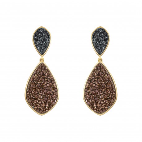 Brinco Fane's Pedra Drusa Bronze e Negra Metal Dourado