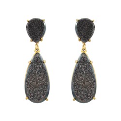 Brinco Fane's Pedra Drusa Negra Metal Dourado