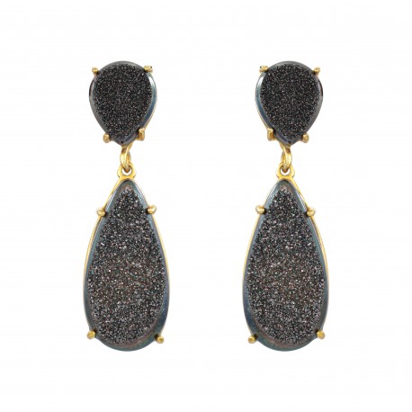 Brinco Fane's Pedra Drusa Negra Metal Dourado