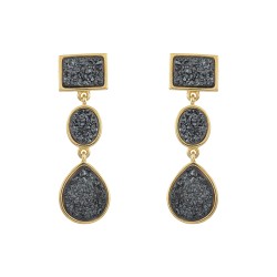 Brinco Fane's Pedra Drusa Negra Metal Dourado