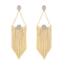 Brinco Fane's Pedra Drusa Platina Franjas Metal Dourado