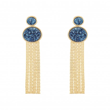 Brinco Fane's Pedra Drusa Azul Franjas Metal Dourado