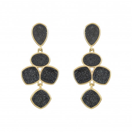 Brinco Fane's Pedra Drusa Negra Metal Dourado