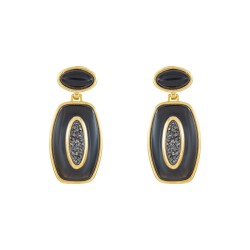 Brinco Fane's Pedra Drusa Negra Onix Metal Dourado