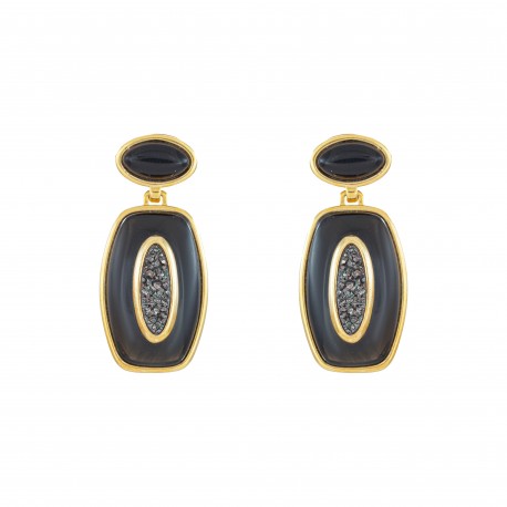 Brinco Fane's Pedra Drusa Negra Onix Metal Dourado