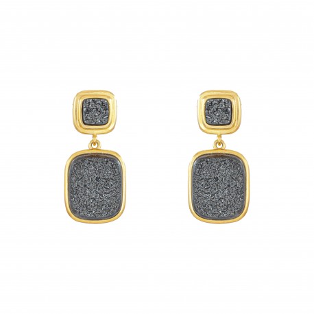 Brinco Fane's Pedra Drusa Negra Metal Dourado