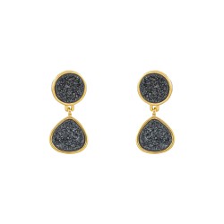 Brinco Fane's Pedra Drusa Negra Metal Dourado