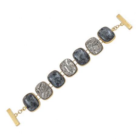 Pulseira Fane's Pedra Drusa Titânio e Jaspe Grafite Metal Dourado