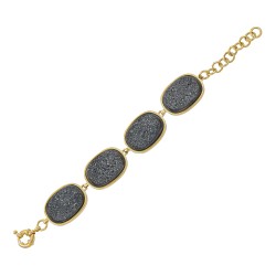 Pulseira Fane's Pedra Drusa Negra Metal Dourado