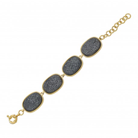 Pulseira Fane's Pedra Drusa Negra Metal Dourado