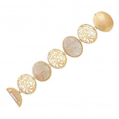 Pulseira Fane's Pedra Natural Quartzo Imã Metal Dourado