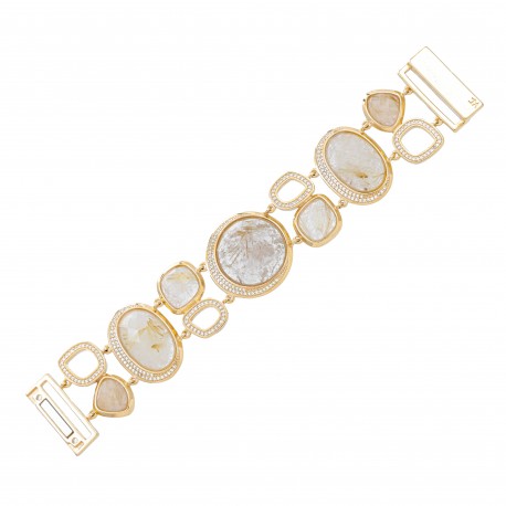 Pulseira Fane's Pedra Natural Quartzo Zircônias Imã Metal Dourado