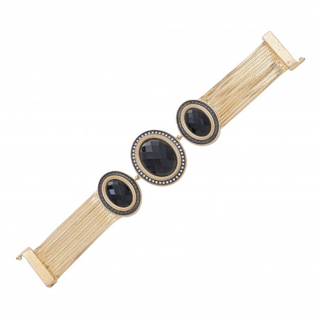 Pulseira Fane's Pedra Natural Onix Correntes Imã Metal Dourado