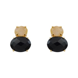 Brinco Fane's Pedra Natural Onix e Quartzo Rutilado Dourado
