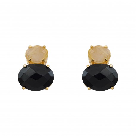 Brinco Fane's Pedra Natural Onix e Quartzo Rutilado Dourado