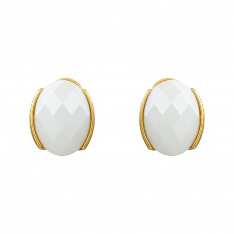 Brinco Fane's Pedra Natural Quartzo Branco Dourado