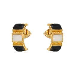 Brinco Fane's Pedra Natural Quartzo Branco e Onix Dourado